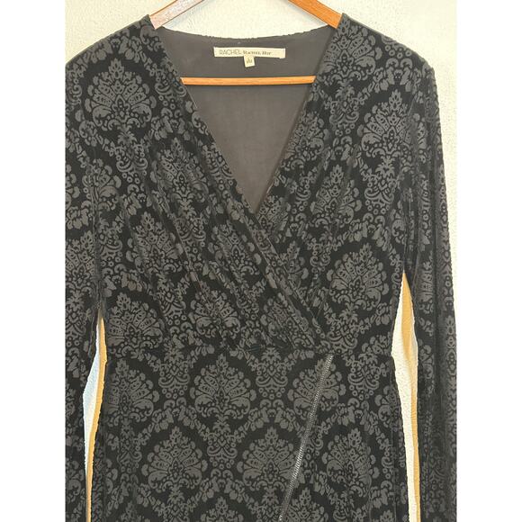 Rachel Roy Dress L Black Velvet Burnout Faux Wrap Asymmetrical Zip High Low Hem - Picture 1 of 16